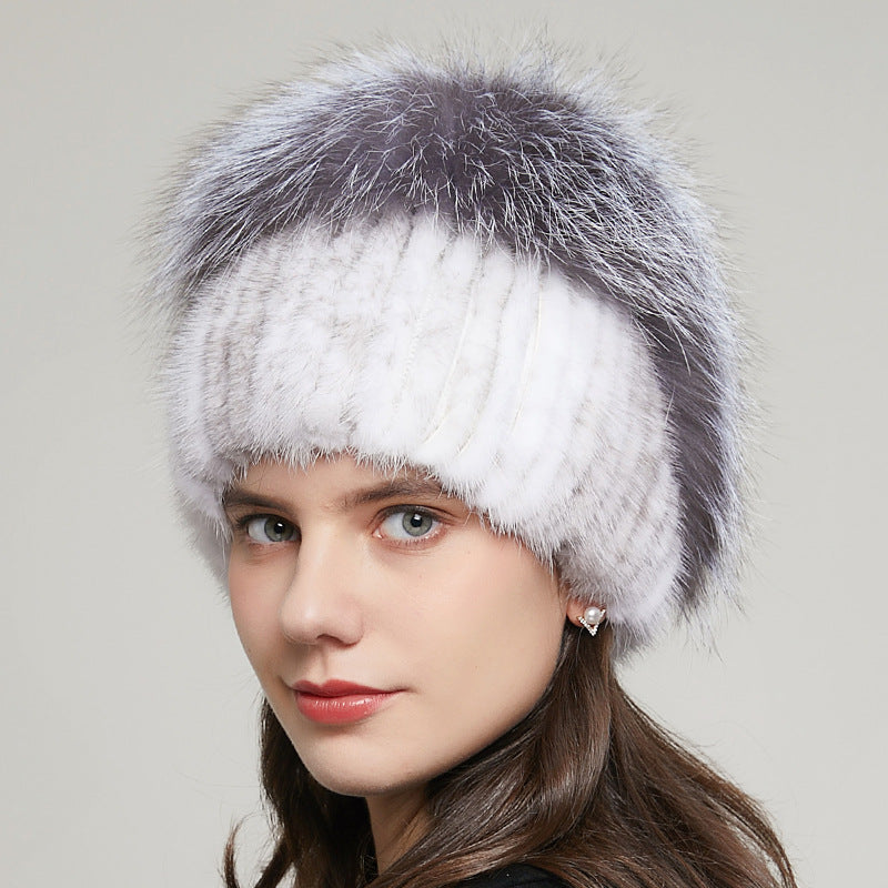 Fox Fur Mink Hair Rhinestone Stretch Knitted Winter Hat Women