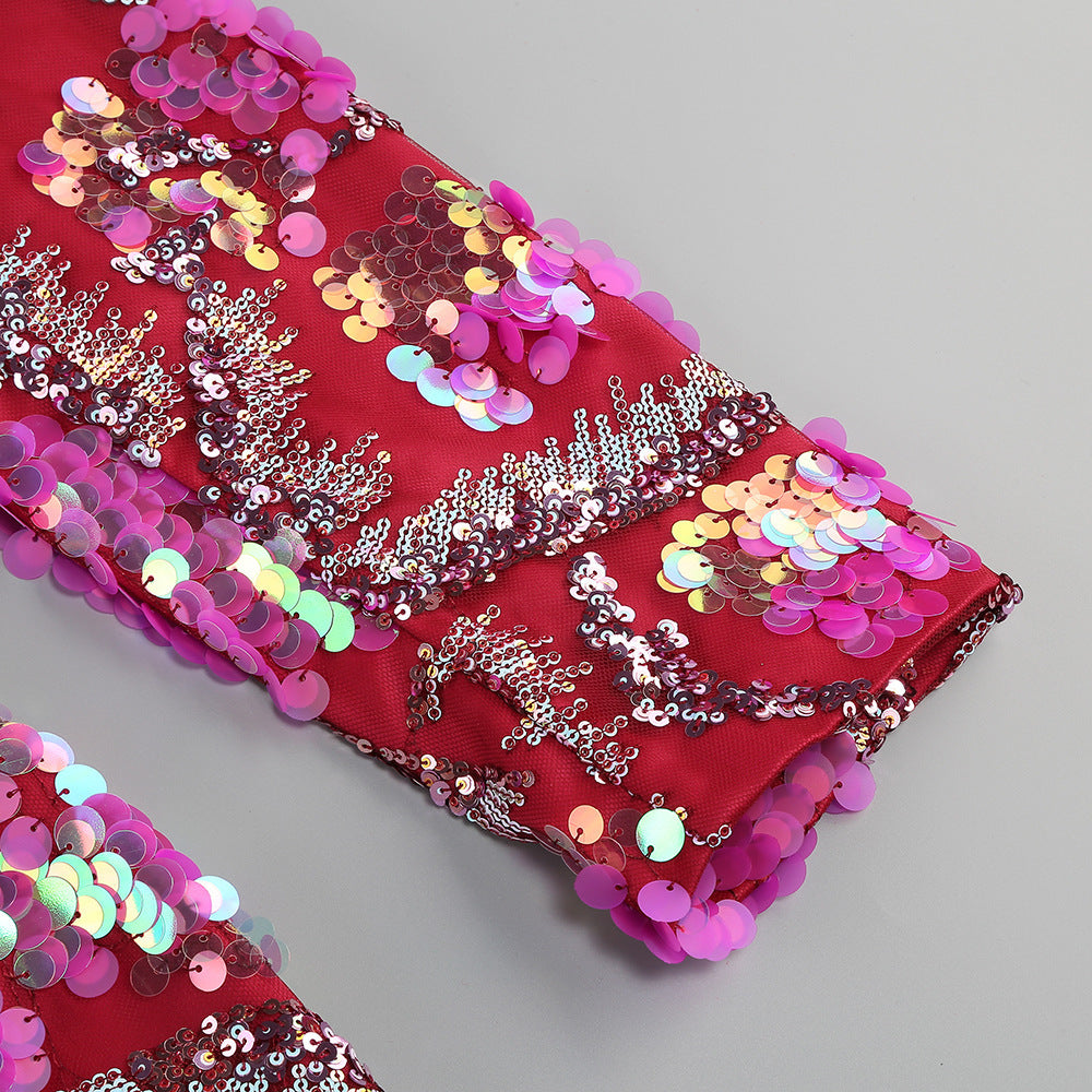 Robe mi-longue dos nu à sequins rouge rosé