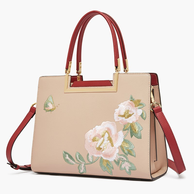 Sac bandoulière en cuir refente de vache brodé pour femme