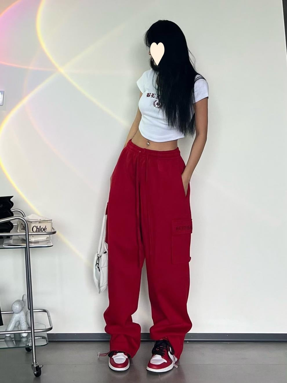 Women's Red High Waist Wide-Leg Pants with Pockets S-2XL