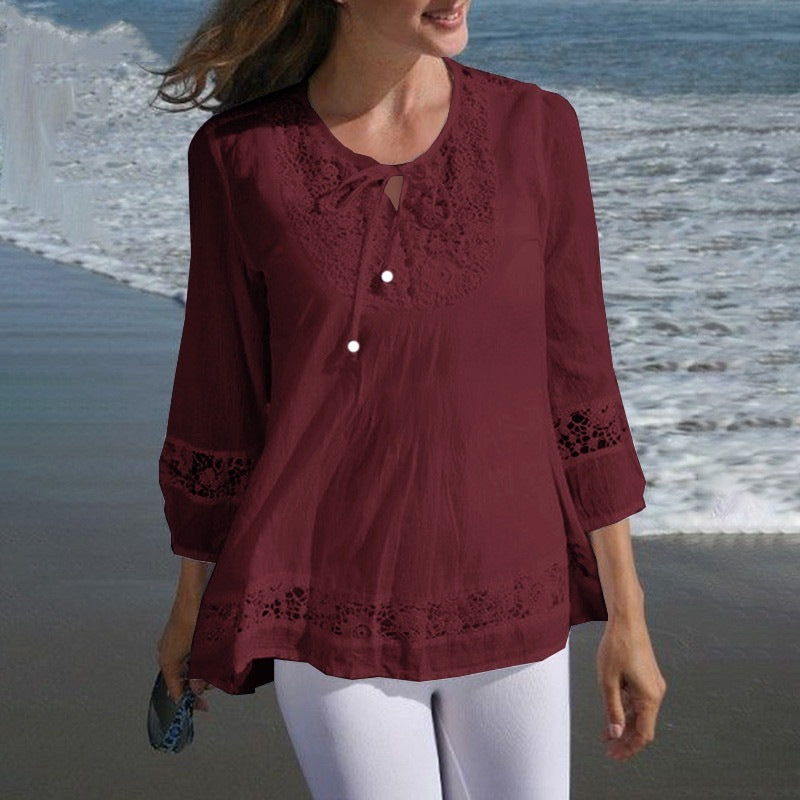 Cotton Linen Lace 3/4 Sleeve Loose Women's Top T-Shirt
