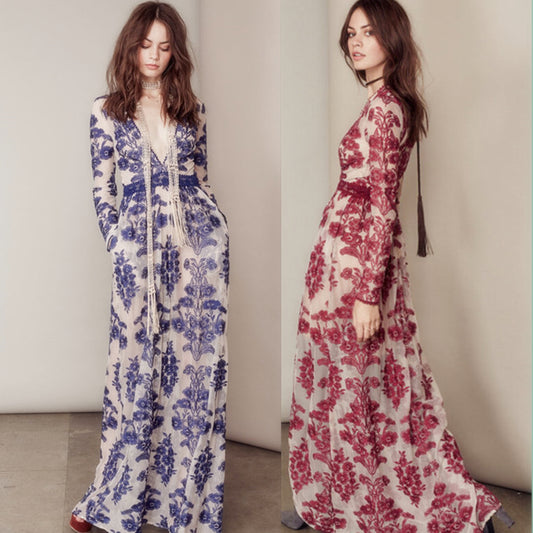 Blue floral embroidery temperament slim deep V-neck dress