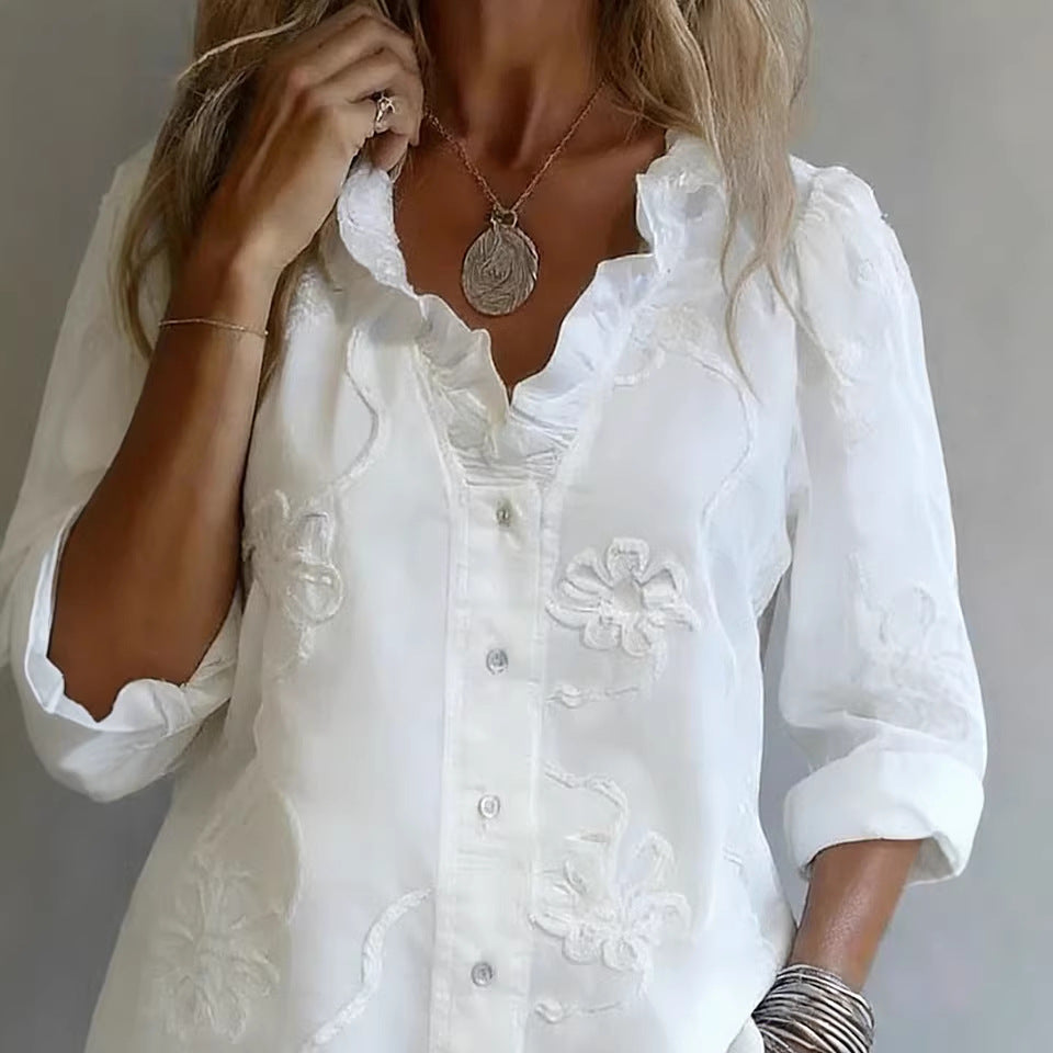 Lace-Embroidered Cotton-Linen Blouse