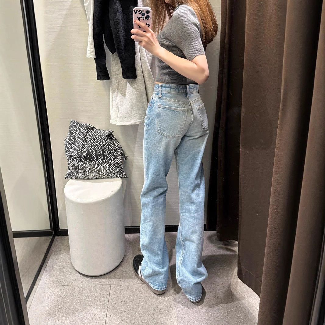 Plus Size High Waist Blue Washed Straight Jeans for Women Spring