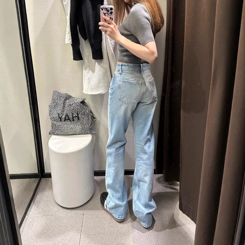 Jeans droits taille haute bleus délavés grande taille pour femme Printemps