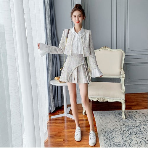 Women's Tweed Jacket Pleated Shirt and Skirt Set