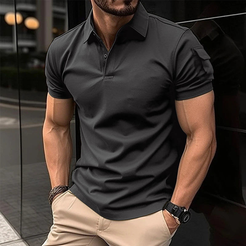 Sweat-shirt à manches courtes, col revers et poches boutonnées pour hommes