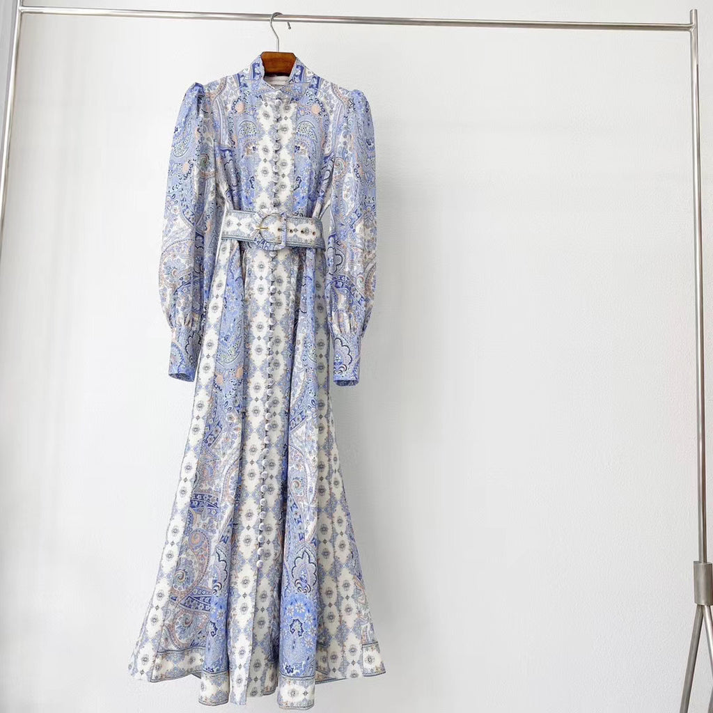 Blue Linen Print Women’s Dress