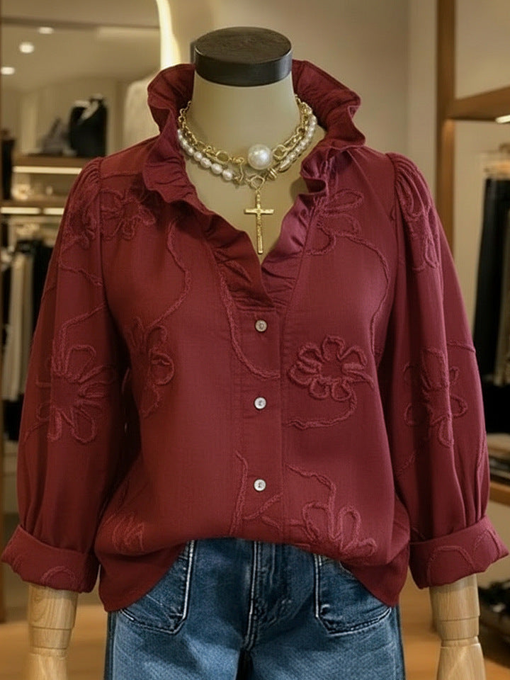 بلوزة قطنية كتانية مطرزة بالدانتيل