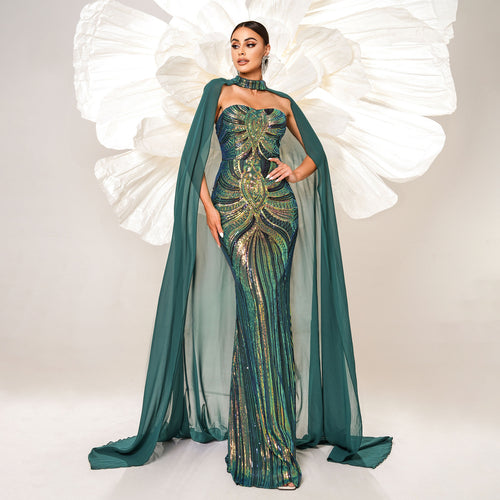 Long Sleeve Round Neck Sequin Evening Dress