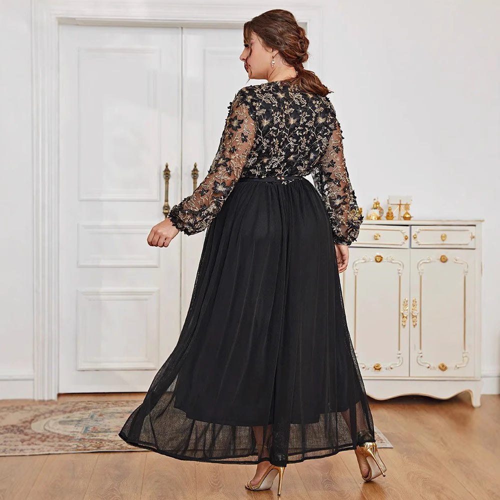 Muslim European And American Plus Size Dress V-neck Black Panel