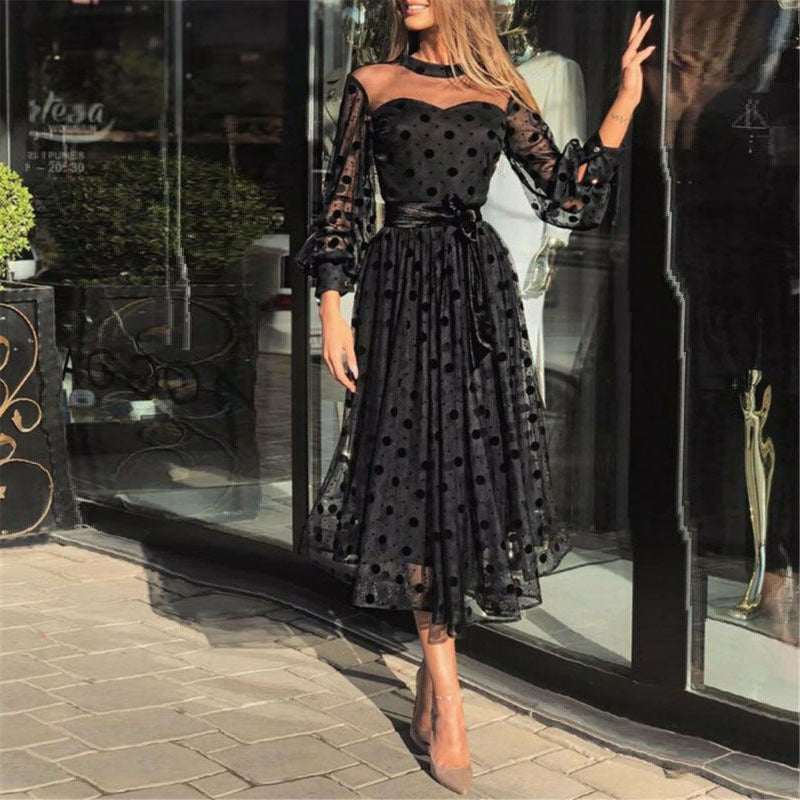Black Polka Dot Mesh Lantern Sleeve Dress
