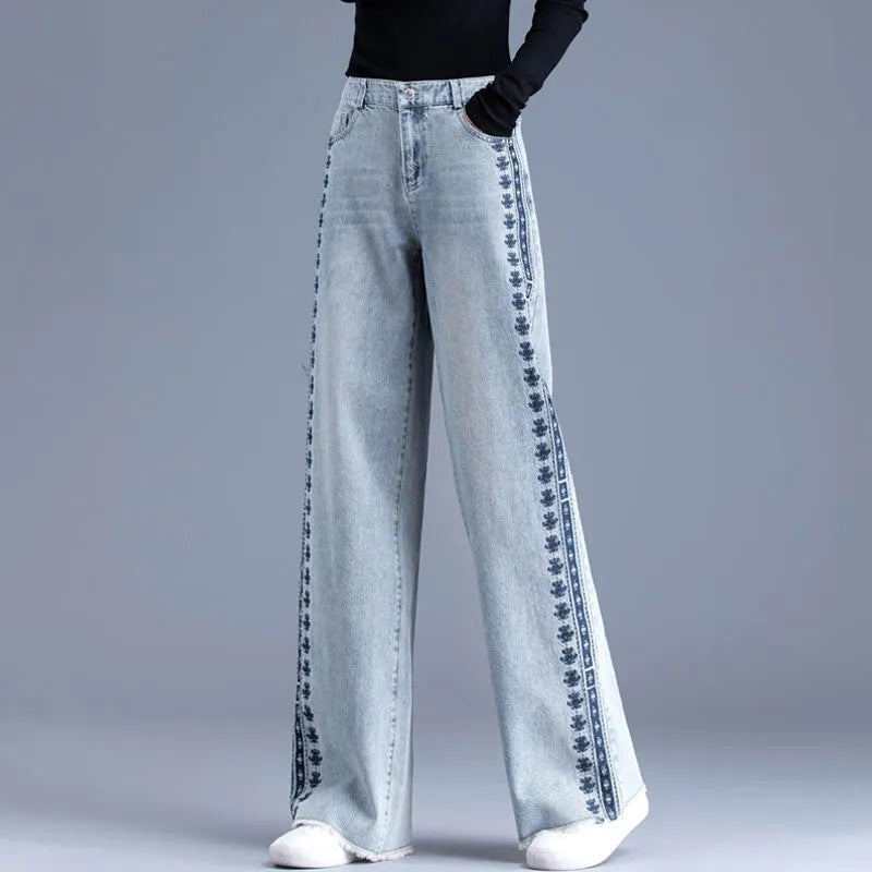 Jeans Femme Taille Haute Ample Jambes Larges Effet Délavé Style Rétro