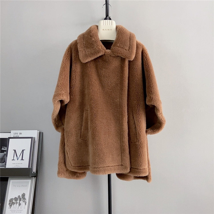 Manteau en laine mi-long ample chauve-souris pour femme avec fourrure d'agneau