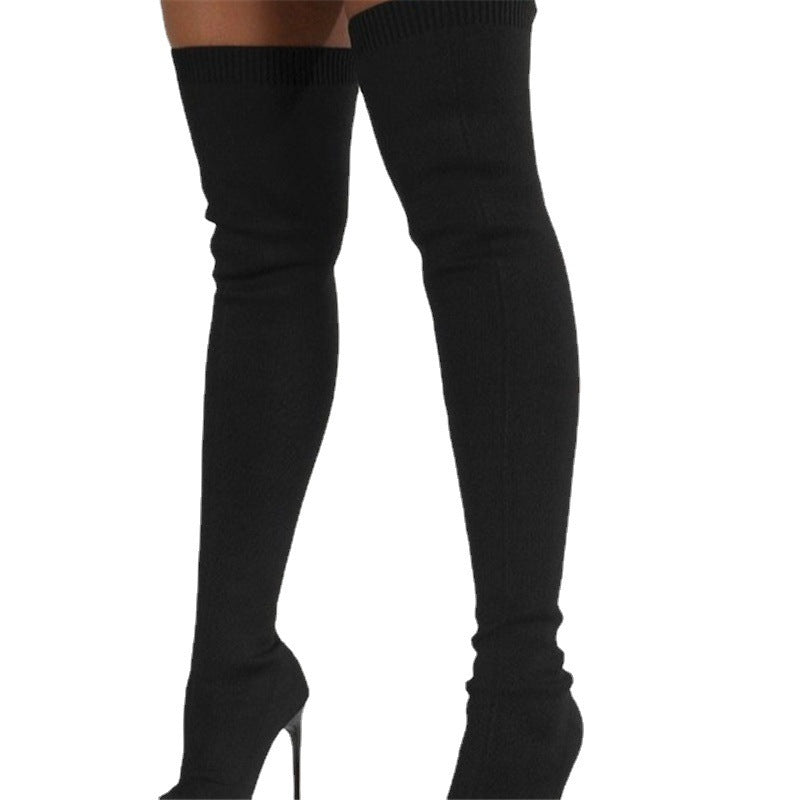 Women's Over-the-Knee High-Heel Knit Boots with Thick Heel