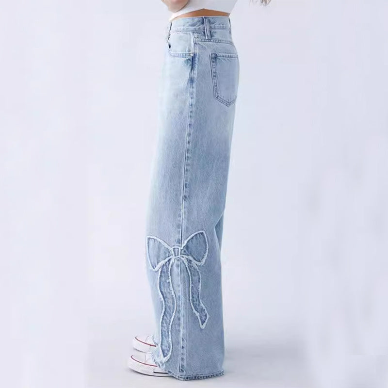 Women's Light Blue Denim Straight Leg Embroidered Butterfly Jeans Baggy Pants