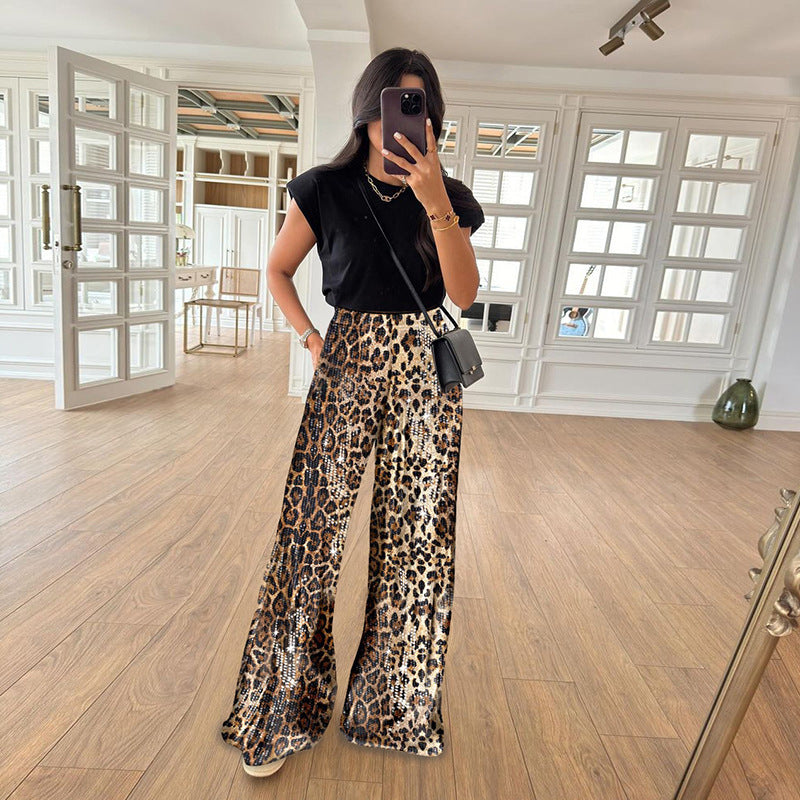 Leopard Print Sequined High Waist Straight Slim Fit Trousers