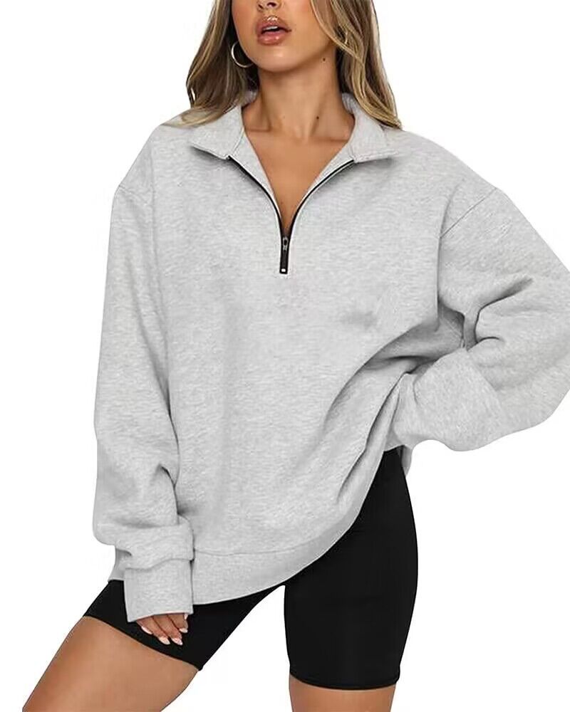 Sweat-shirt zippé femme à col rabattu – Haut pull ample et décontracté