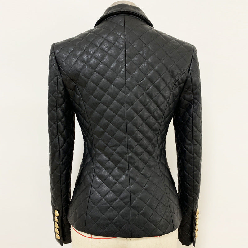 Slim-Fit Quilted PU Leather Blazer Jacket