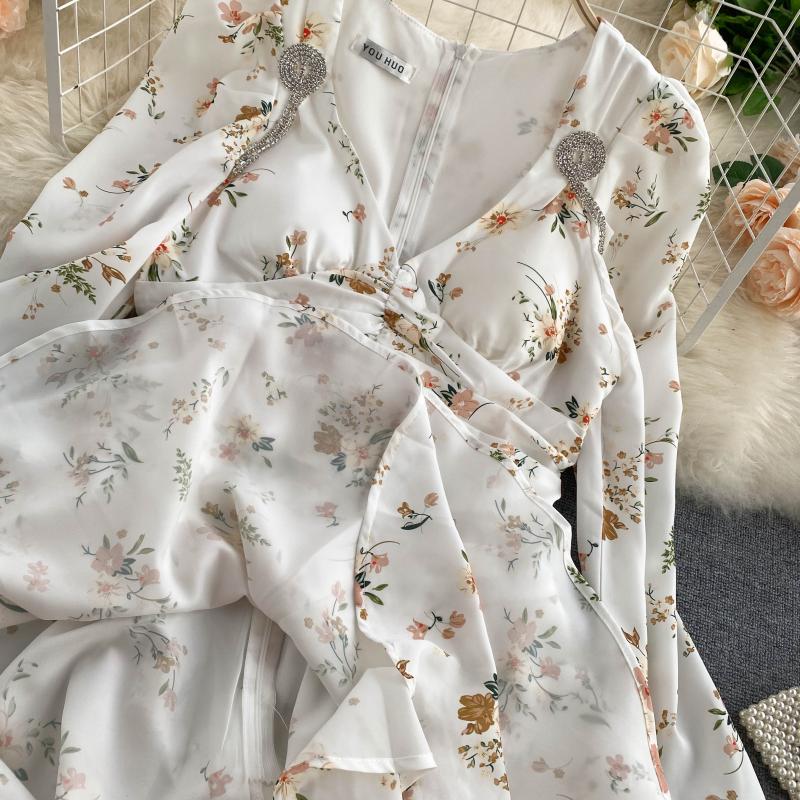Jupe longue plissée à manches longues à imprimé floral rétro pour femme