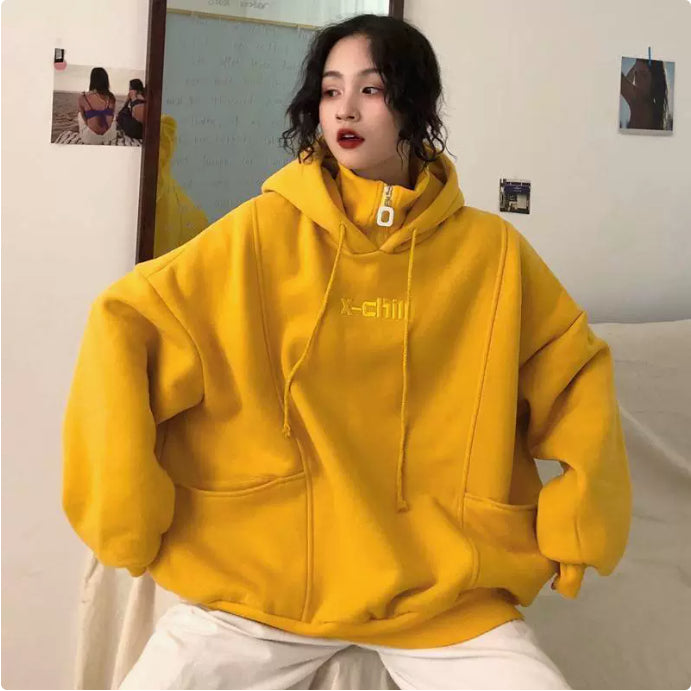 Sweat à capuche ample brodé femme automne hiver, pull chic doux en velours