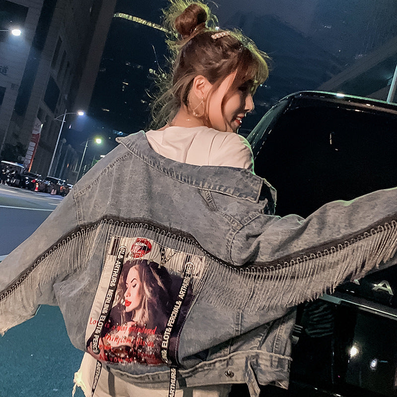 Printed beaded denim jacket