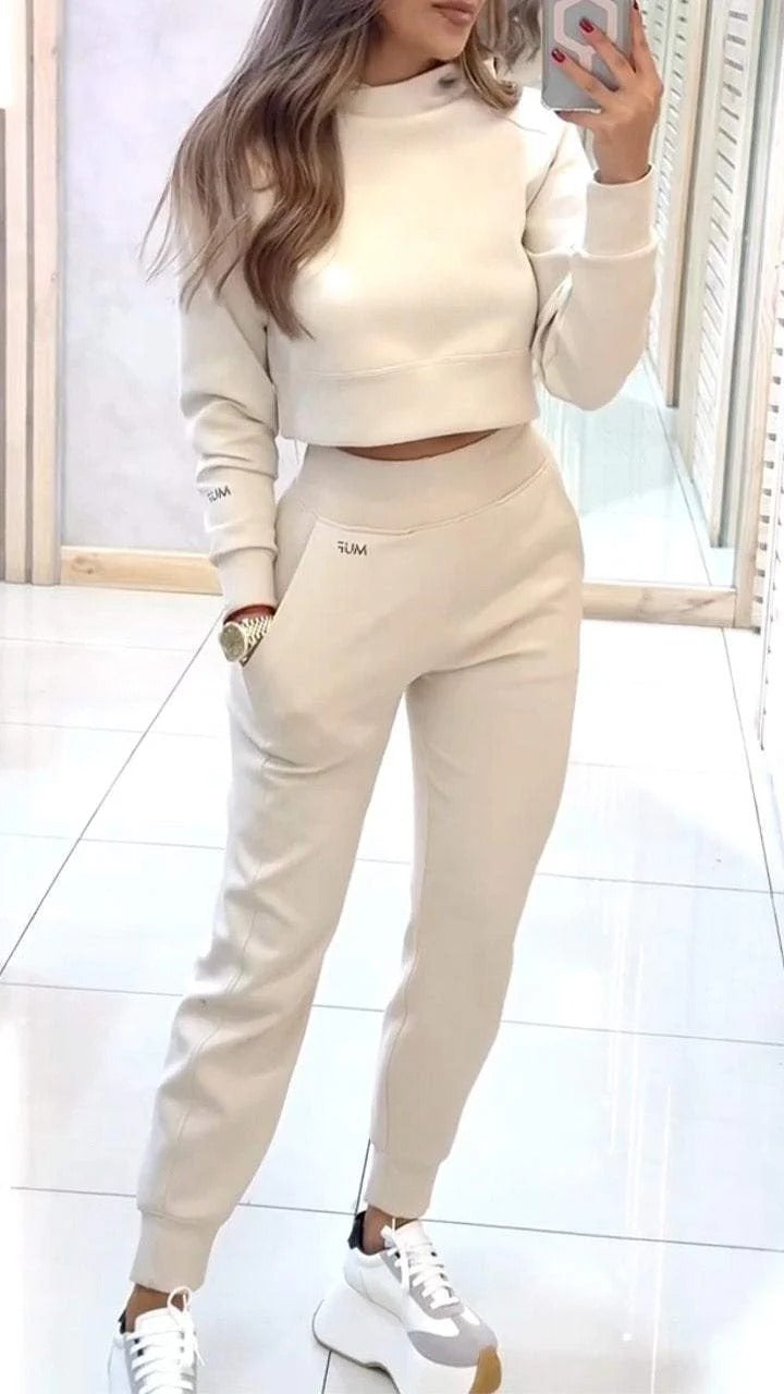 Stand Collar Pullover Long-Sleeve Top & Slim Trousers Set with Pockets