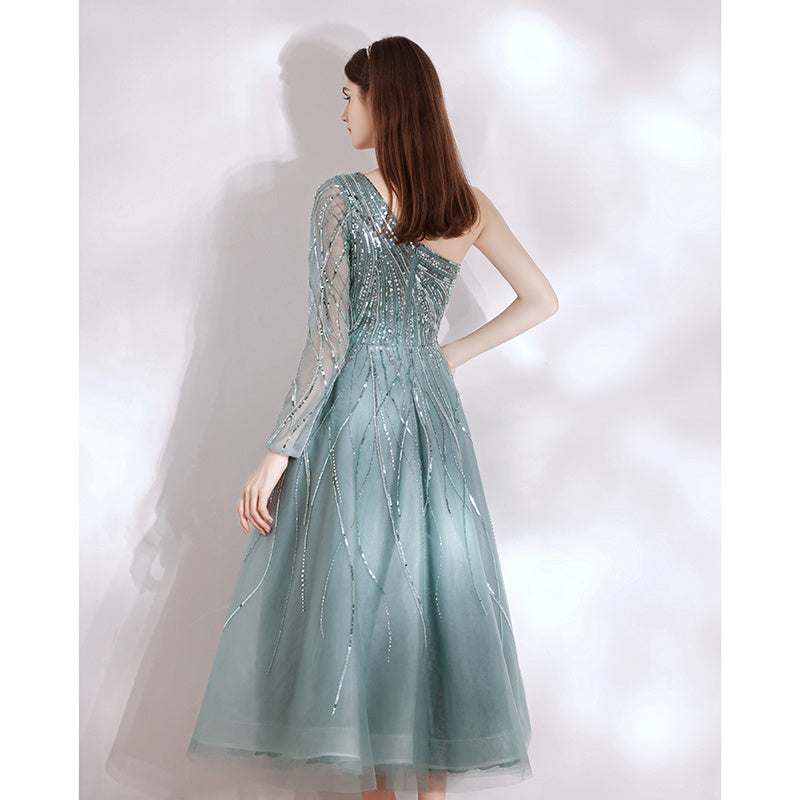 Champagne Long Sleeve U-Neck Luxury Beaded Ladies Dress