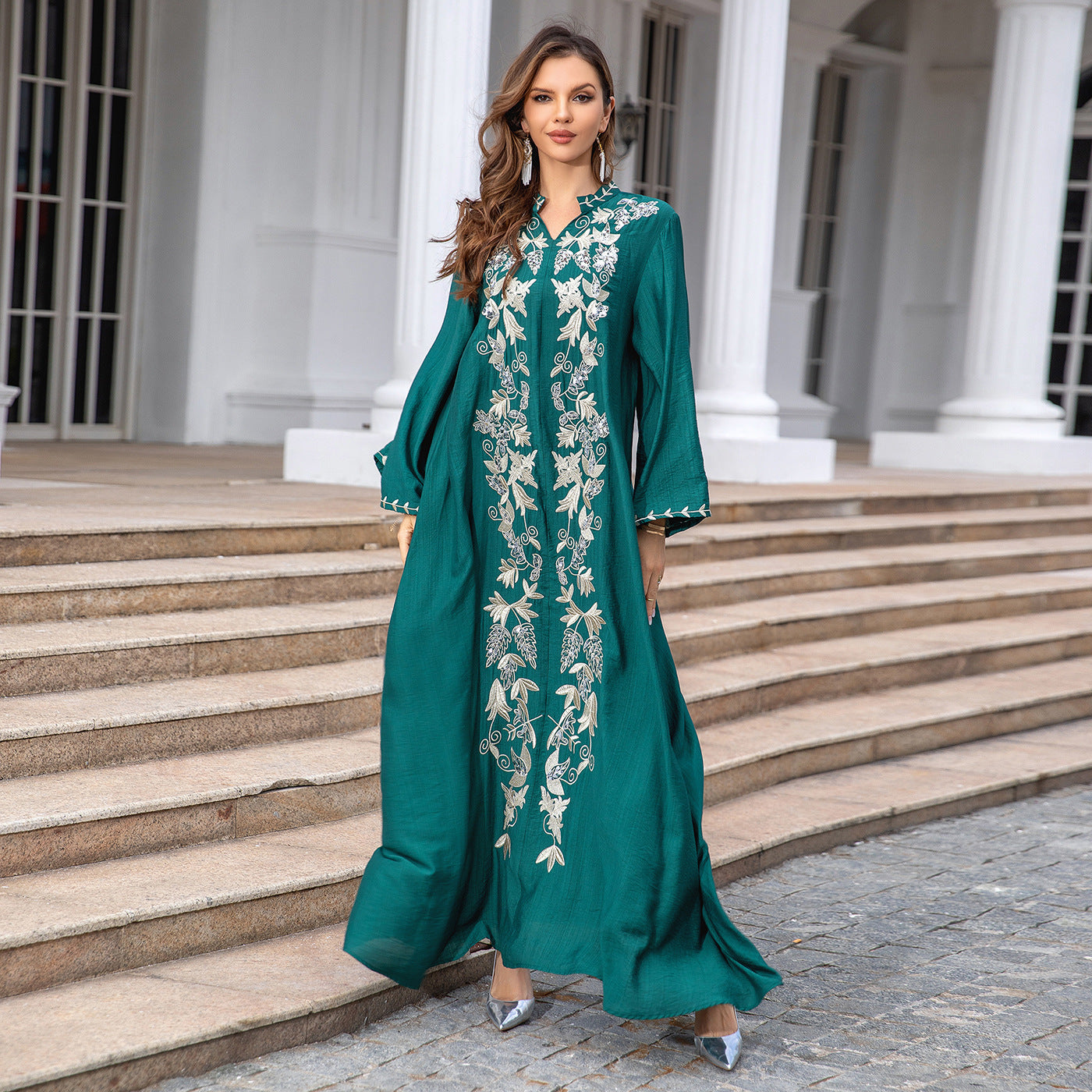 Embroidered Long Sleeve Evening Dress for Women in Dark Green & Blue