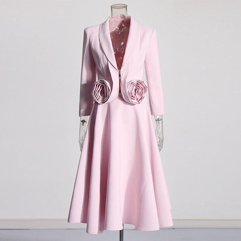 French Elegant Rose Pattern Two-Piece Set with Long Sleeve Top and Skirt