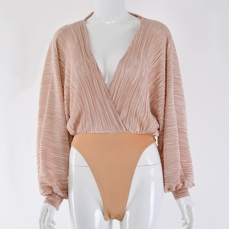Haut en Chiffon à Manches Longues Col V Mélange de Polyester