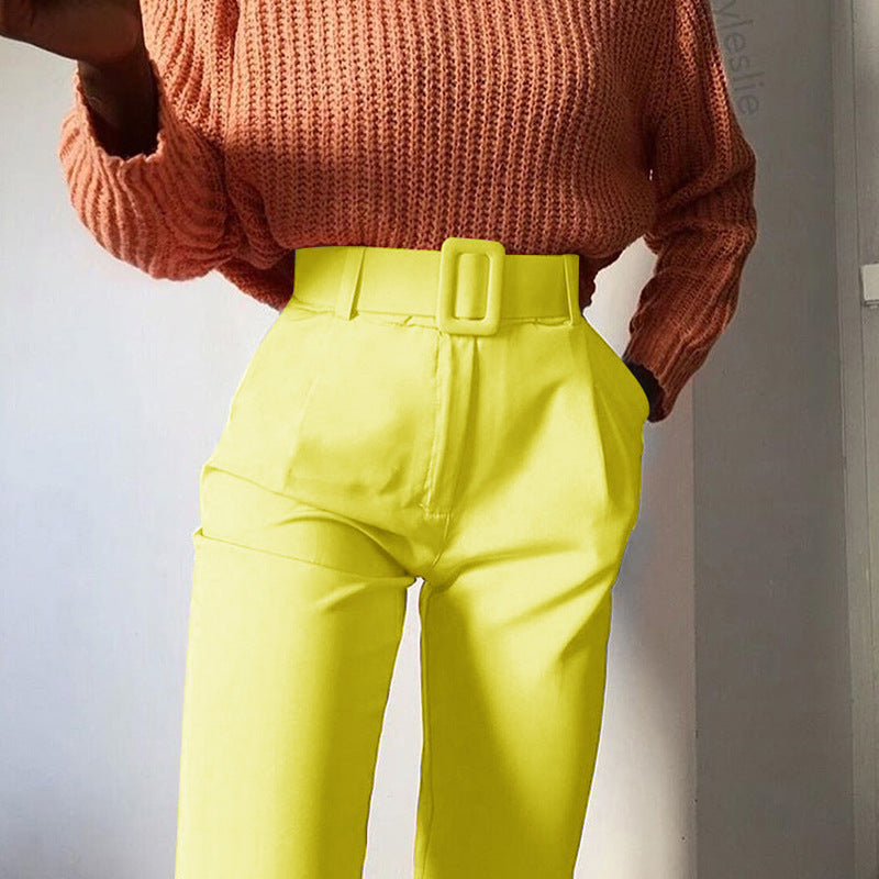 High Waist Slim Solid Color 9-Point Pants