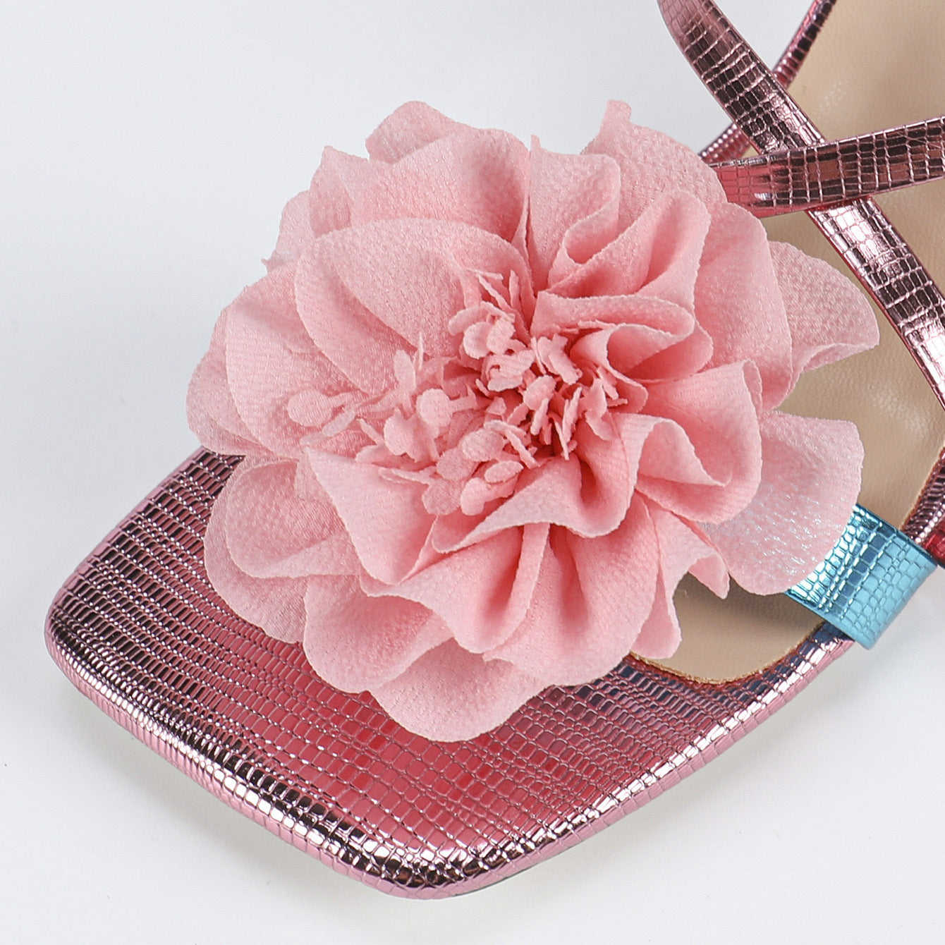Women's Pink Square Toe High Heel Sandals with 3D Flower