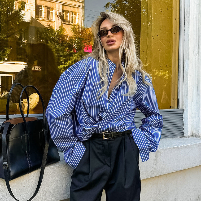 French Style Blue Striped Polyester Shirt with Button Detail