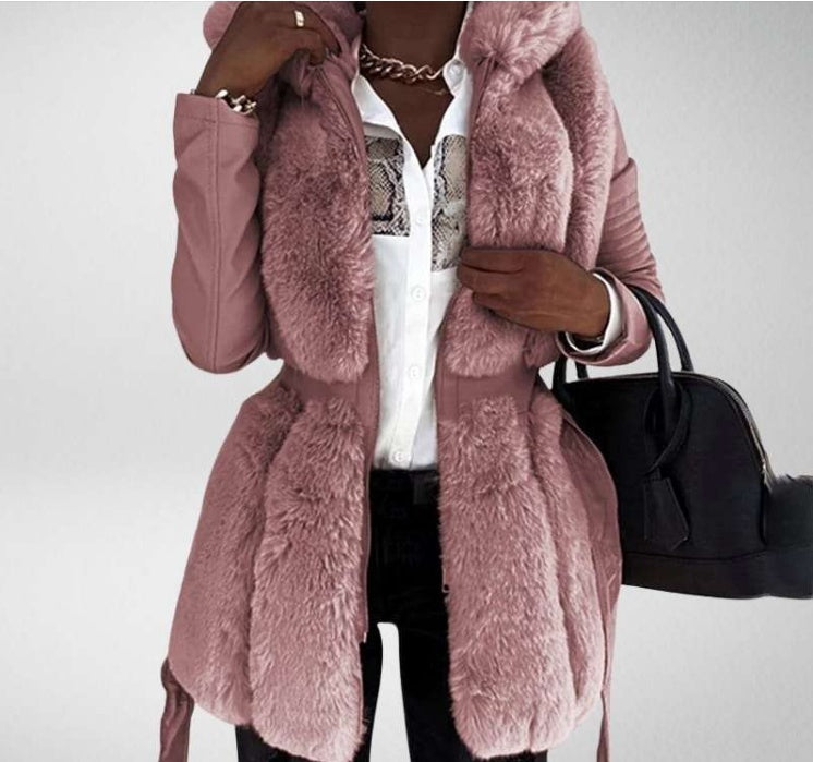 Women's Hooded Zipper Jacket with Fur Belt in Pink, Gray, Black, Brown