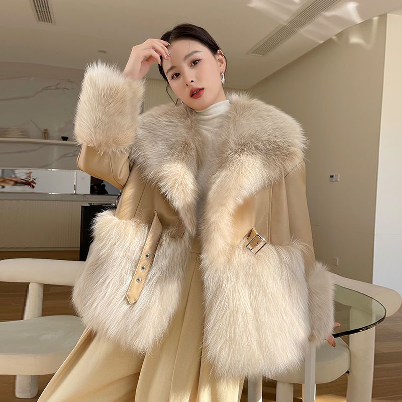 Women’s Faux Fur Coat with Big Fur Collar in Beige & Cocoa, Sizes S-XL