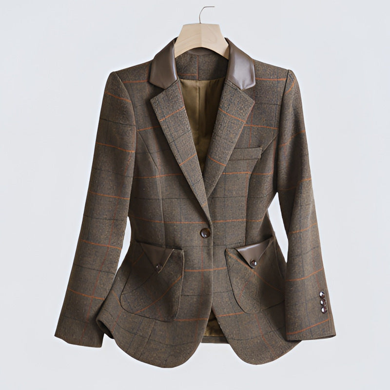 Slim Fit Brown Woolen Plaid Coat for Women