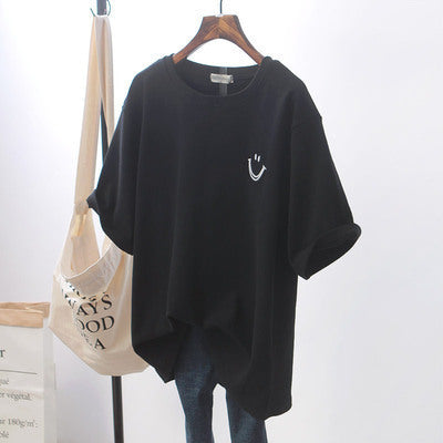 Smiley Face Round Neck Short Sleeve Loose Slimming T-Shirt for Women