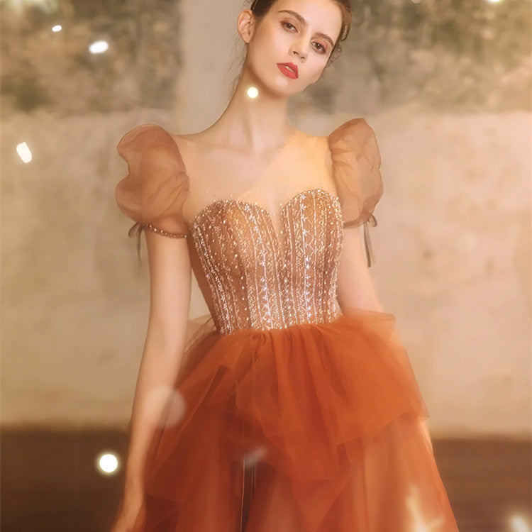 Women's Fashion Minimalist Sequin Evening Dress Brown Polyester