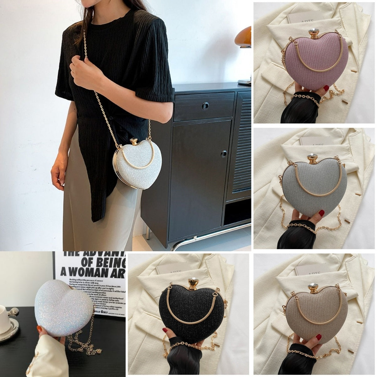 Women Bag Shiny Handbag Heart Shape Metal Clutches Bag Fashion