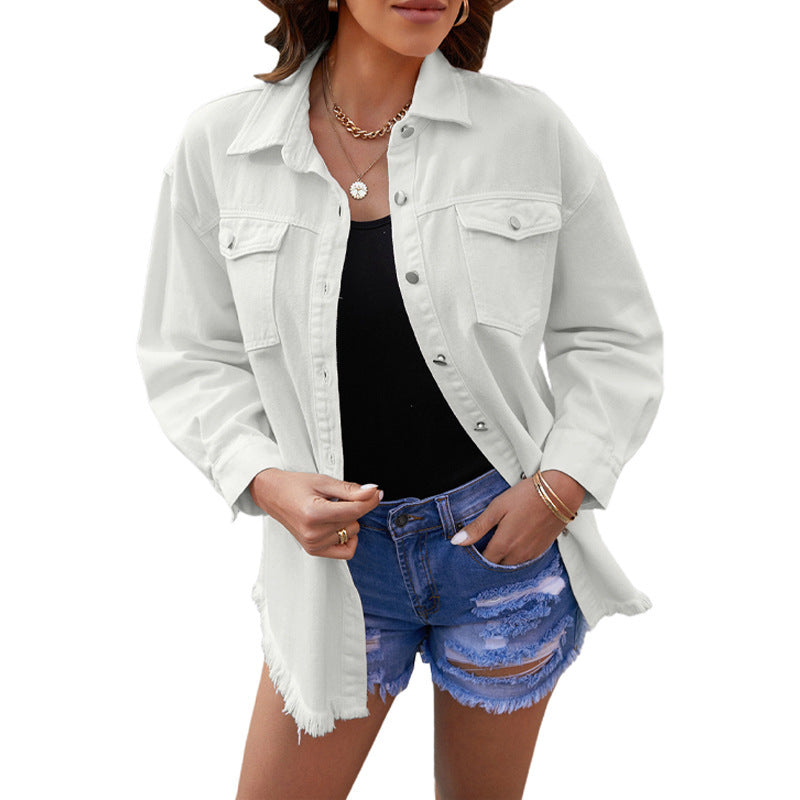 Haut en jean mi-long à manches longues, simple boutonnage et col à revers de couleur unie pour femme