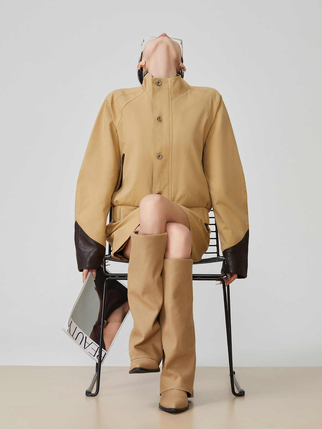 Leather Patchwork Stand-Up Collar Two-Piece Suit with A-Line Skirt for Women