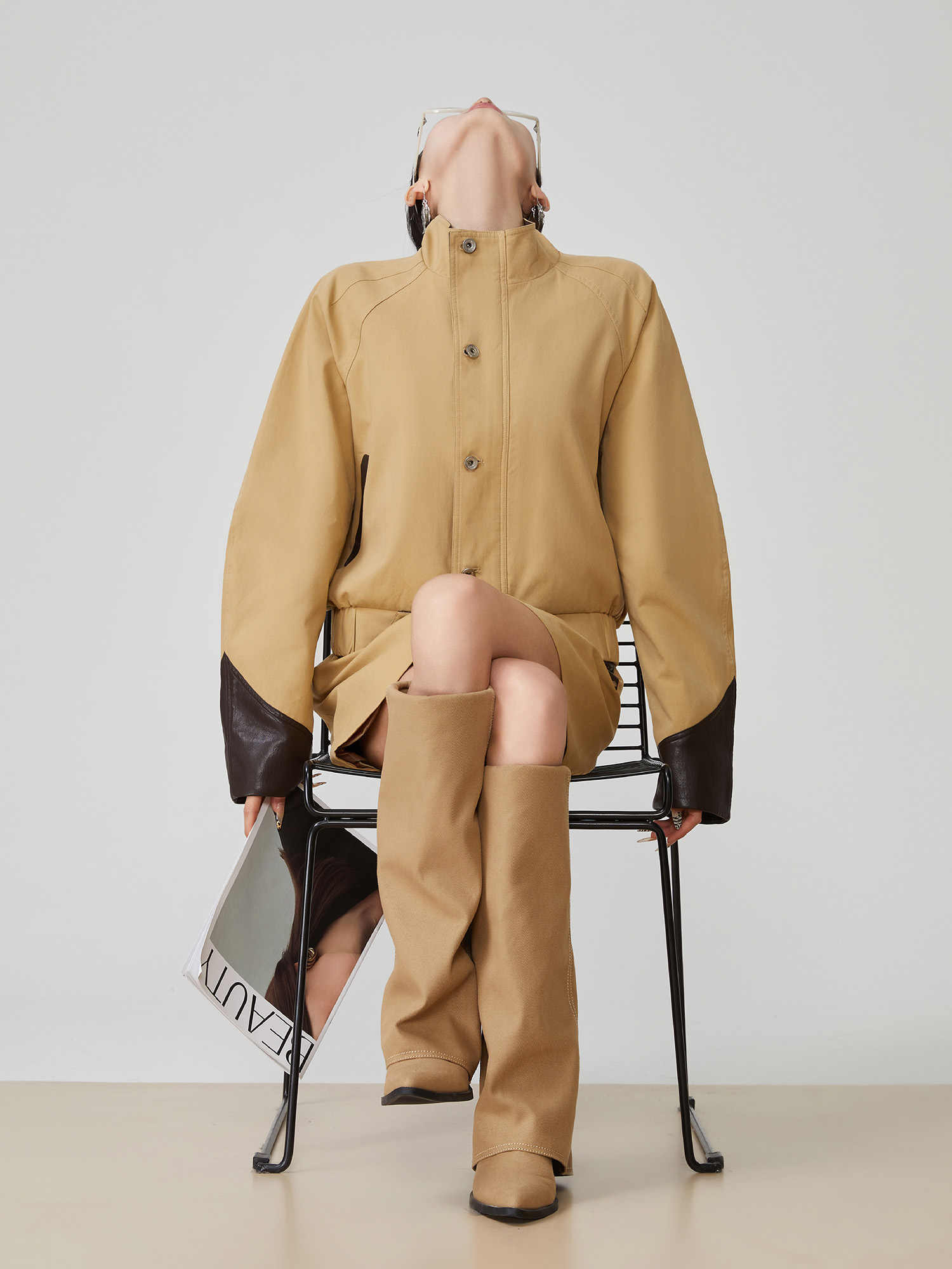 Leather Patchwork Stand-Up Collar Two-Piece Suit with A-Line Skirt for Women