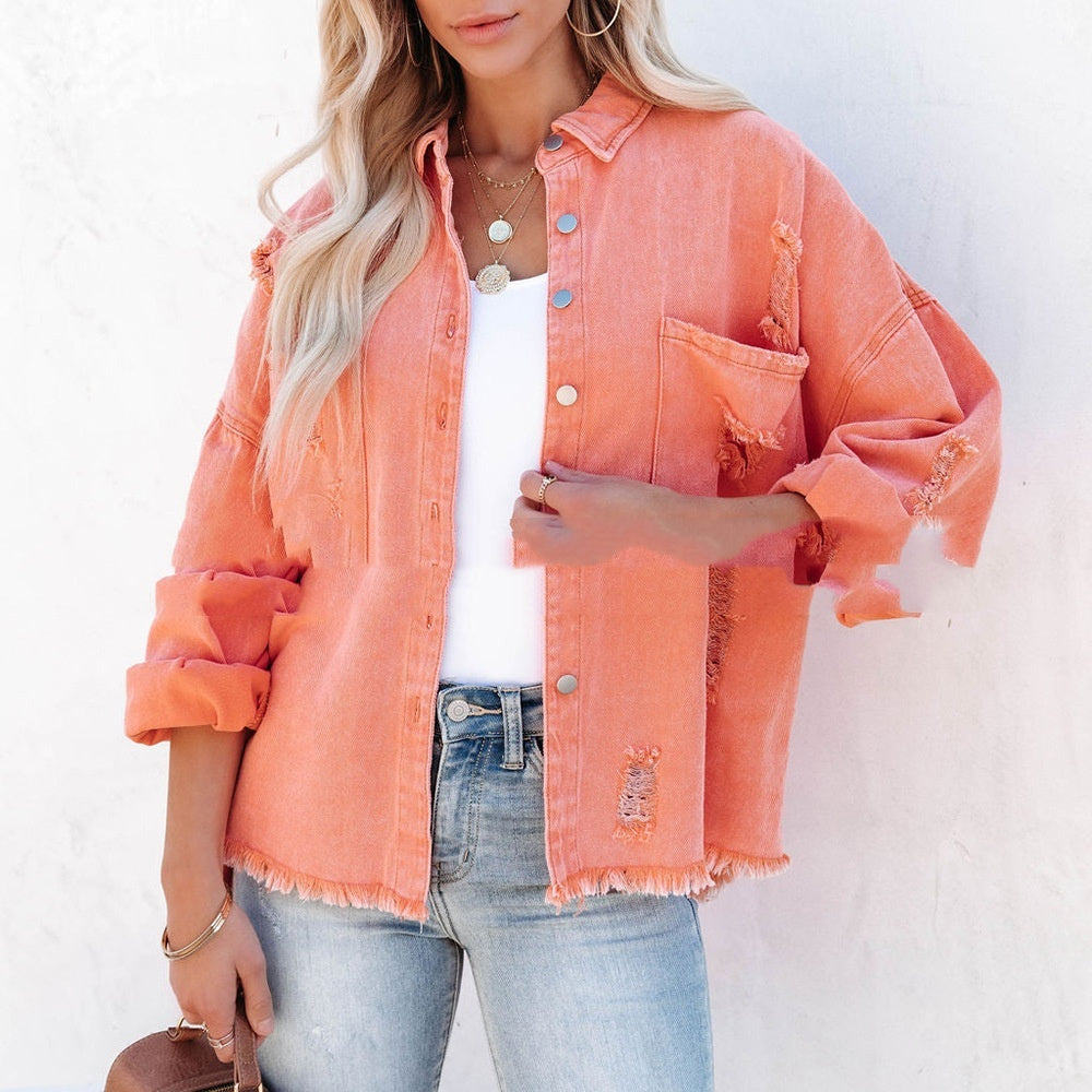 Veste en jean mi-longue déchirée à ourlet brut pour femme