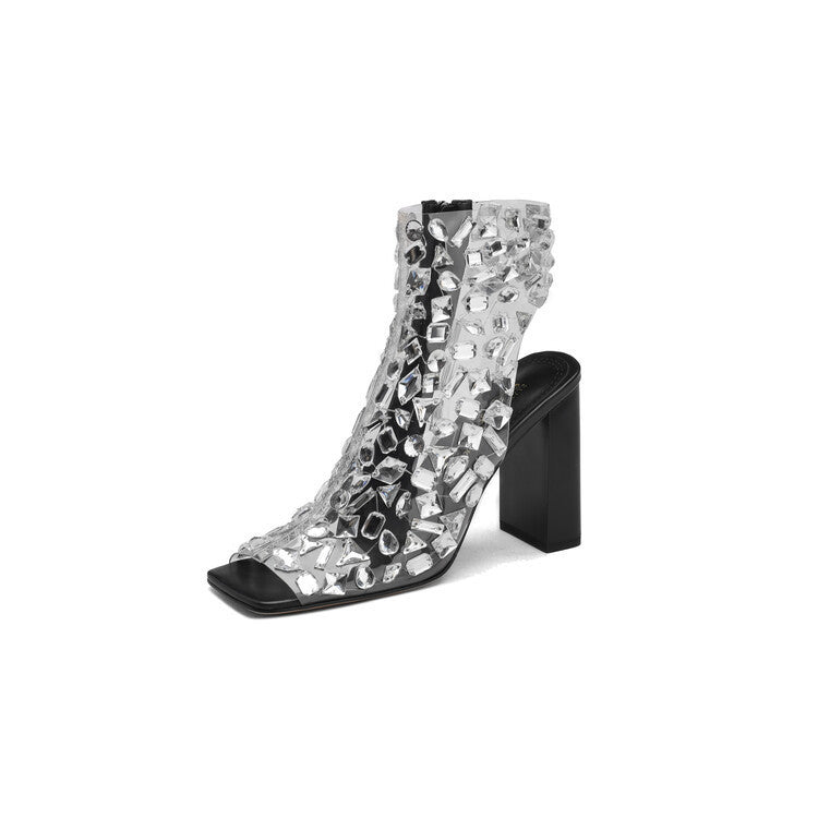 Women's Large Size Rhinestone Hollow High Heel Summer Sandal Boots