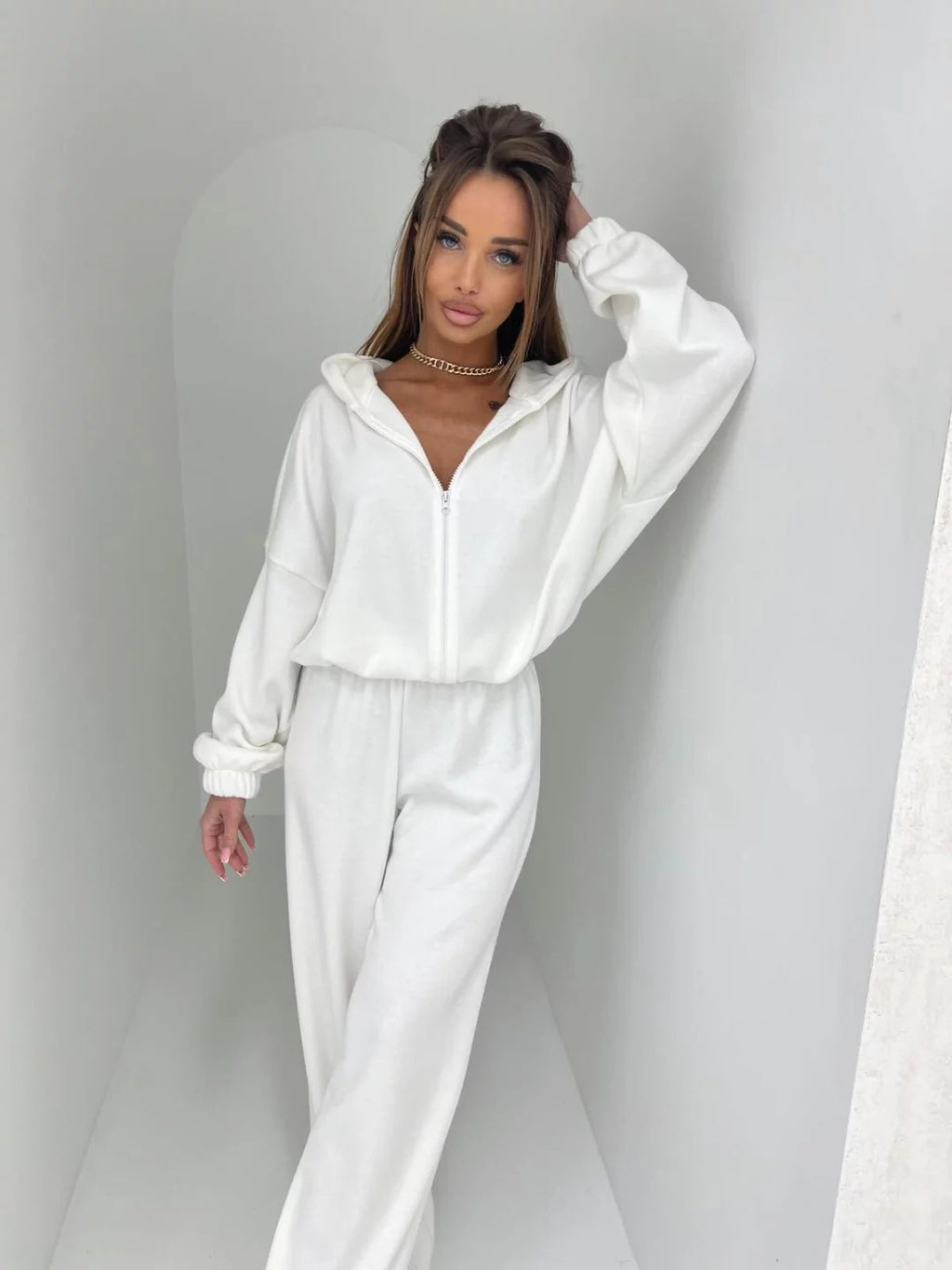 Ensemble deux pièces de pantalon élastique zippé pour femme