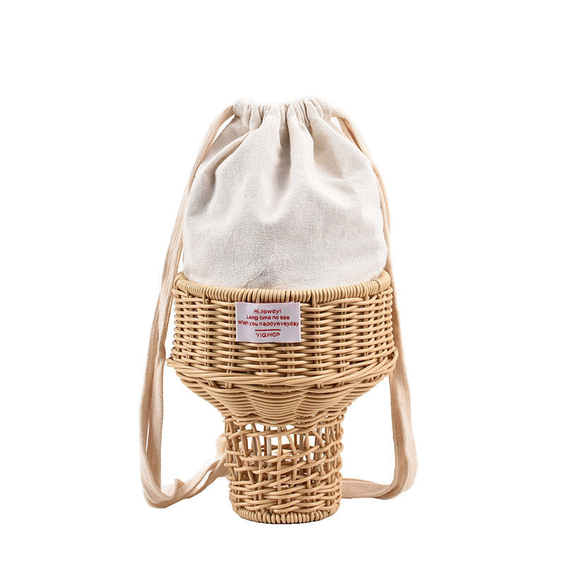 Sac cylindrique en paille et rotin tressé avec cordon de serrage – Hauteur 29 cm