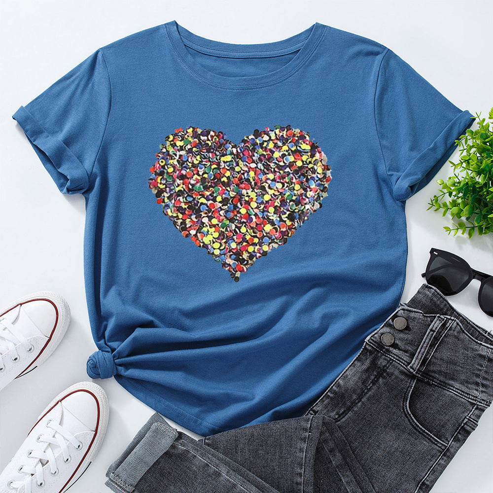 Creative Love Cotton Loose Round Neck Short Sleeve T-Shirt Women