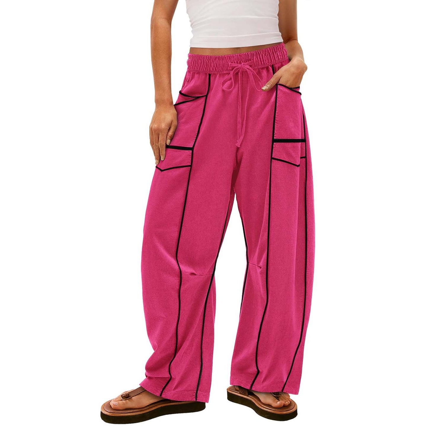 Y2K Black Striped Wide-Leg Cotton Pants with Pockets and Drawstring for Women