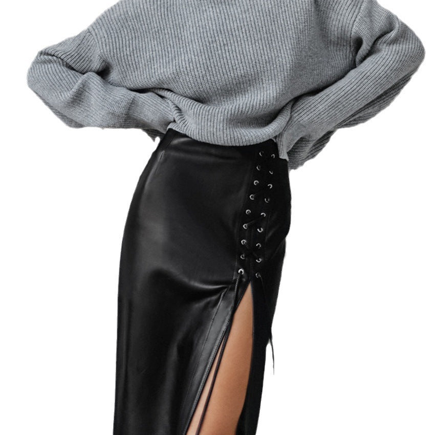 Punk Black Lace-Up PU Leather Mid-Length Skirt for Women